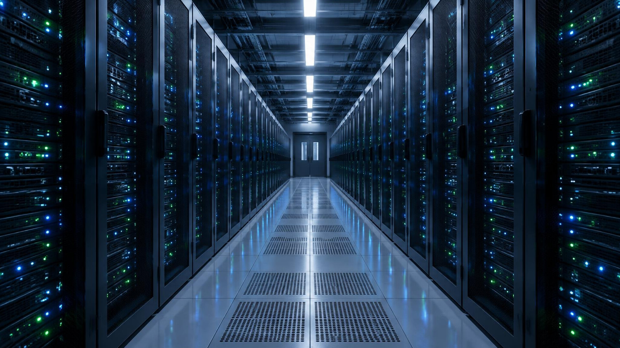 Server room corridor with blinking lights