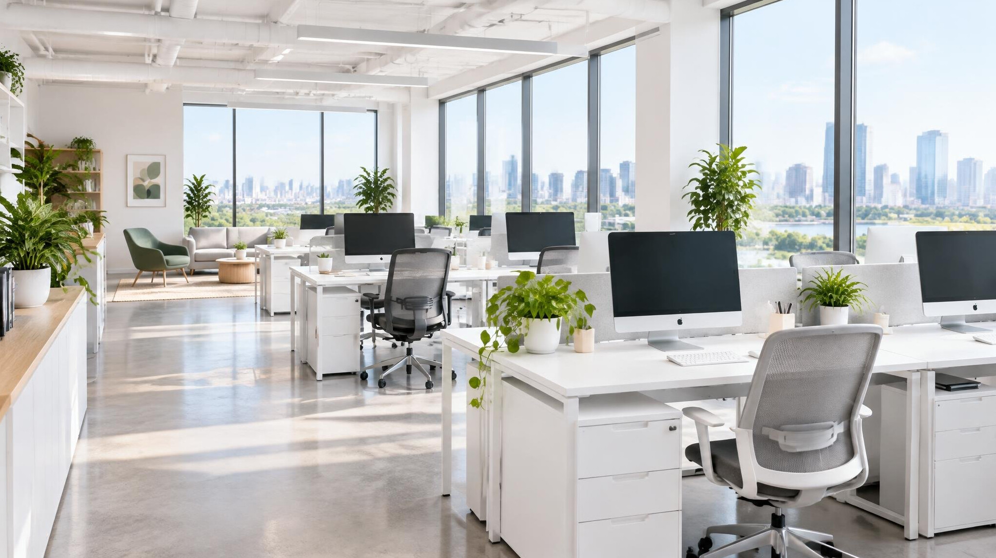 Bright modern open-space office with desks and large windows